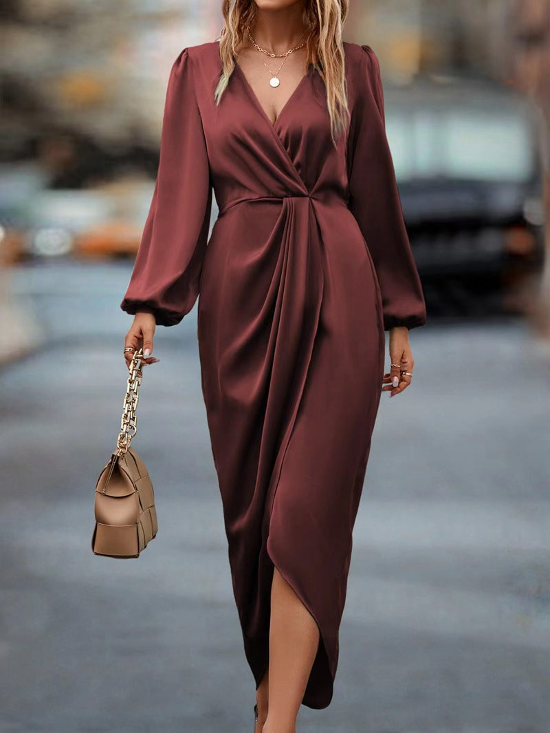 Temperament Reine Farbe Taillen-enges Kleid mit geteiltem V-Ausschnitt Frauen