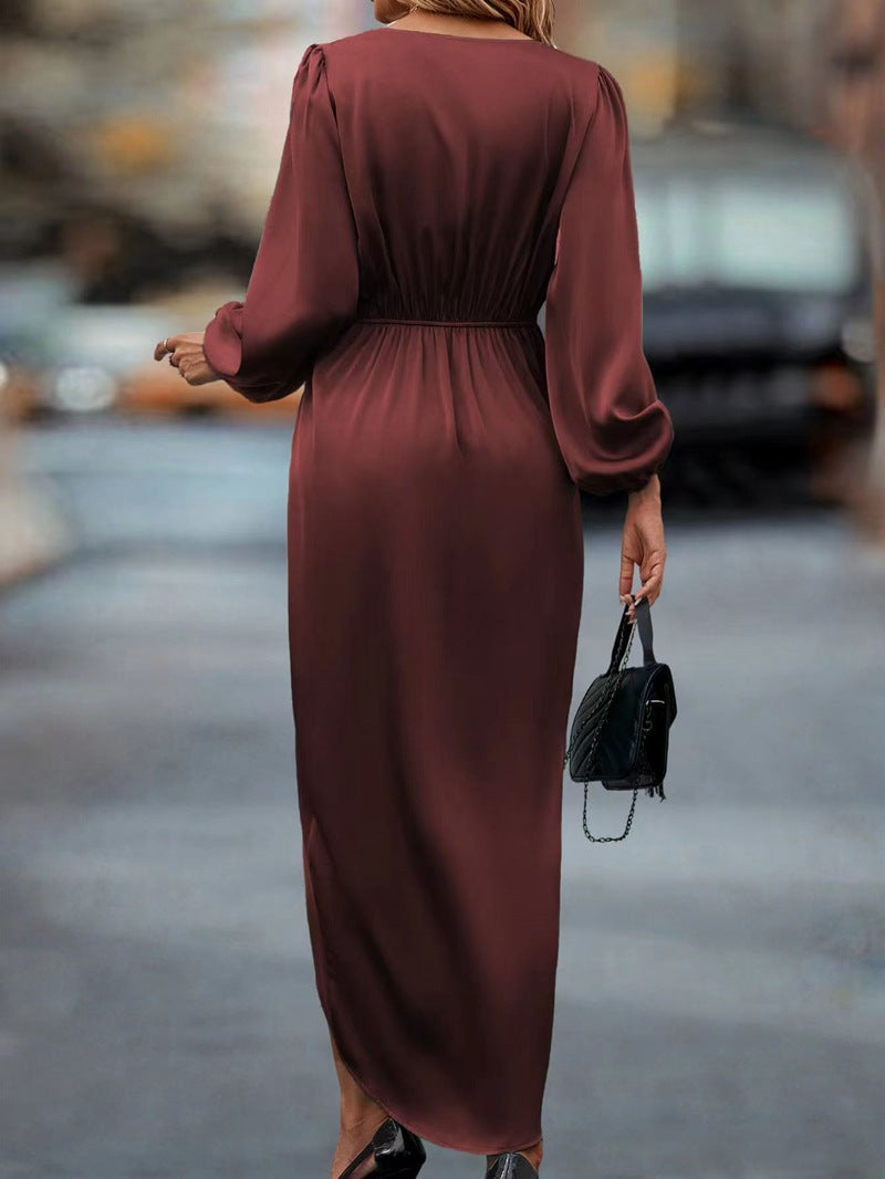 Temperament Reine Farbe Taillen-enges Kleid mit geteiltem V-Ausschnitt Frauen
