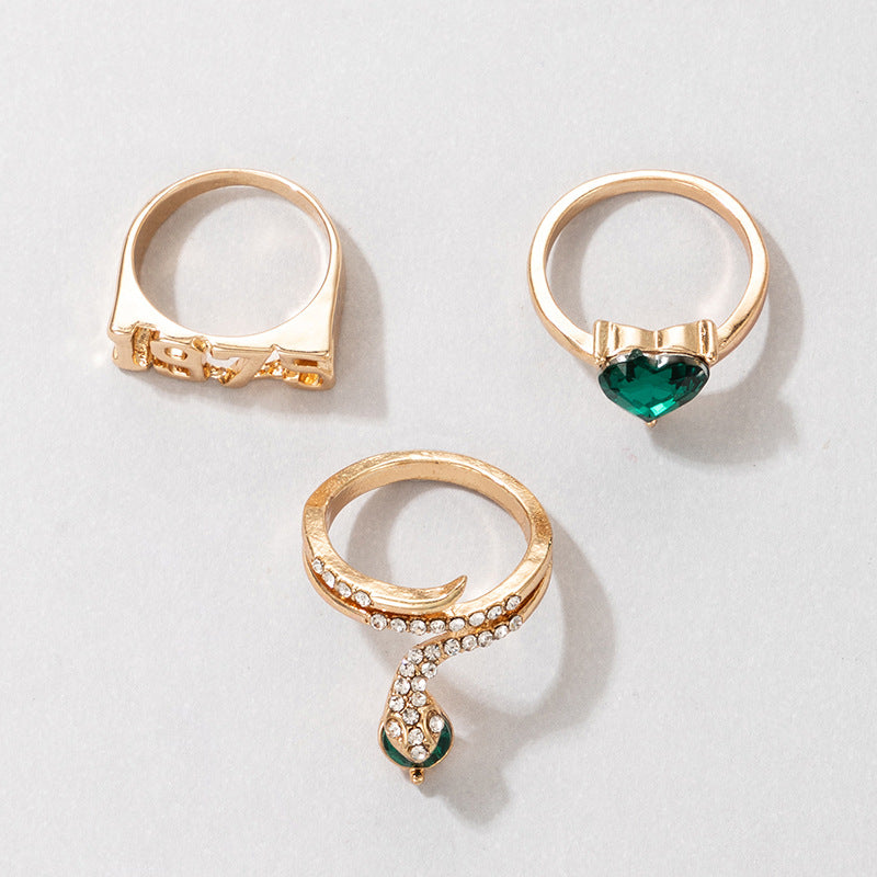 3-Teiliges Set Smaragd-Herz-Diamant Ring