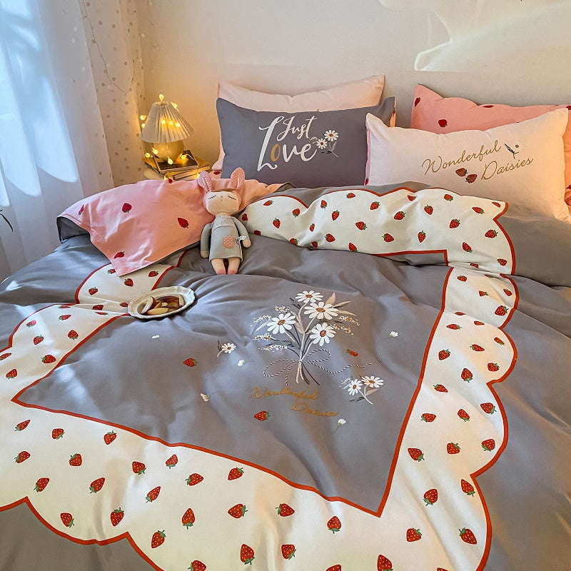 Vier-teiliges Bettwäscheset aus dickem Baumwollstoff mit Doppelbettdecke