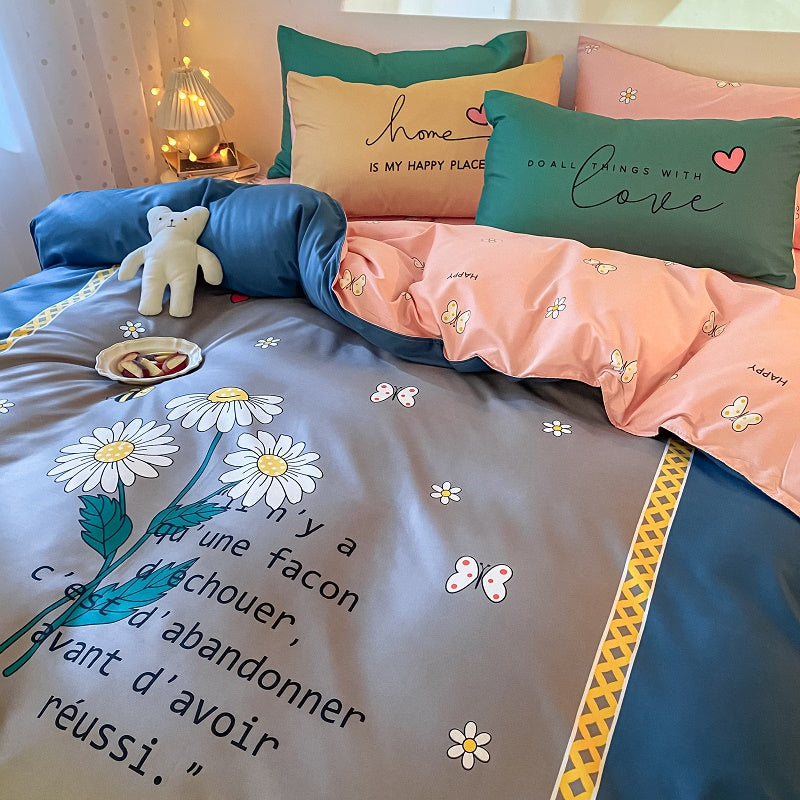 Vier-teiliges Bettwäscheset aus dickem Baumwollstoff mit Doppelbettdecke