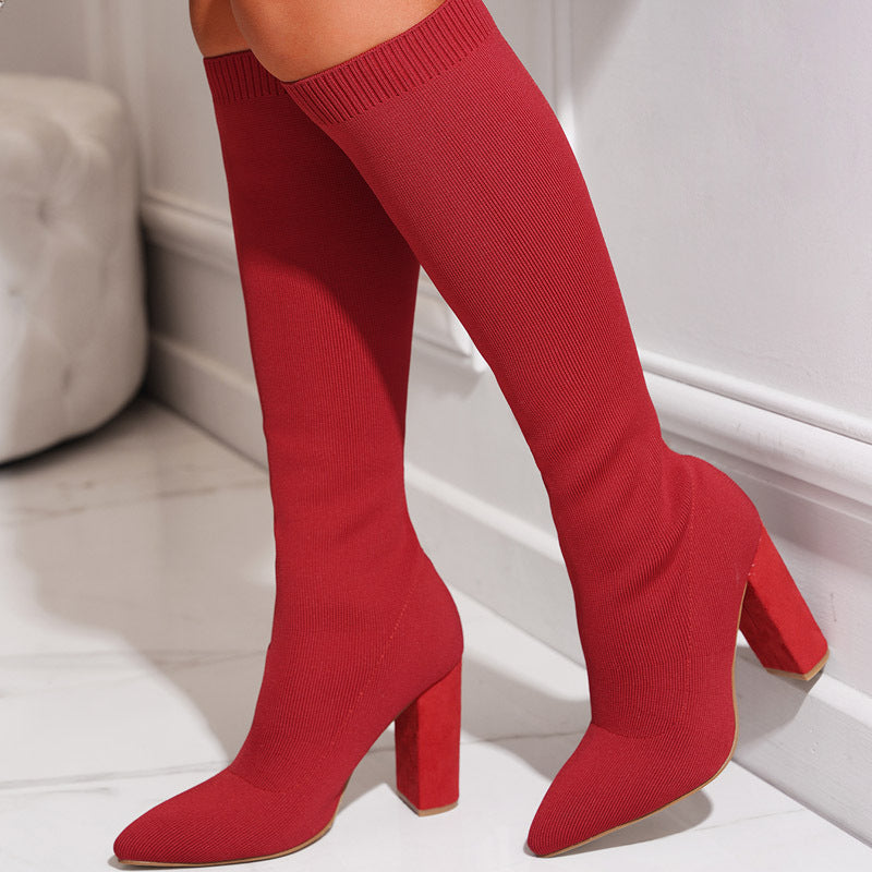 Dicke Socken hochhackige Overknee-Stiefel für Frauen.