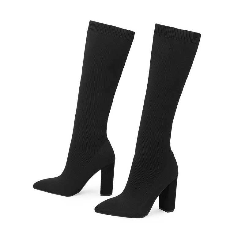 Dicke Socken hochhackige Overknee-Stiefel für Frauen.